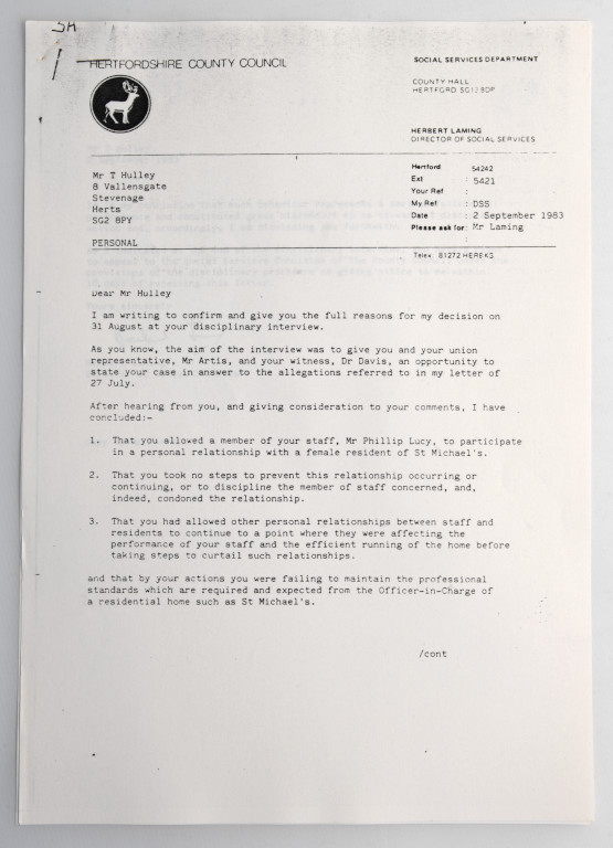 Tom Hulley Dismissal letter