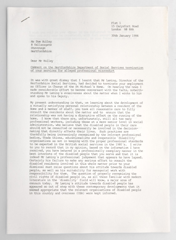 Tom Hulley dismissal Letter of support from Vic Finkelstein