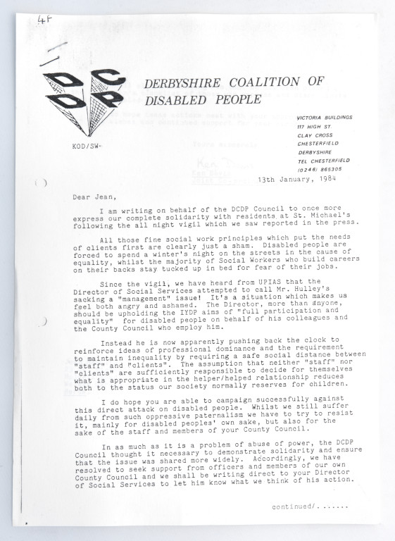 The Hulley sacking: Derbyshire coalition of disabled people letter